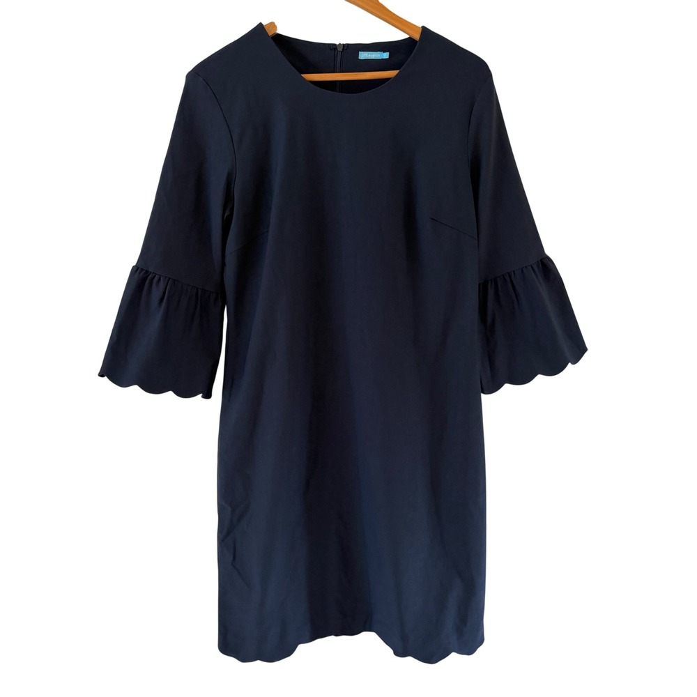 J. McLaughlin Elle Dress 12 Navy Blue Scalloped Bell Sleeve Capsule Classic